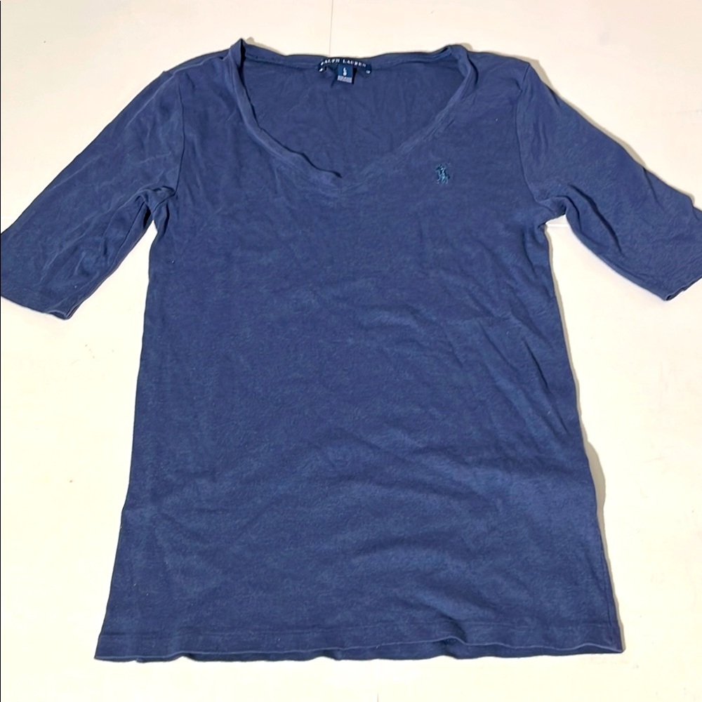 Ralph Lauren Blue Label Blue V-Neck Womens Top Shirt Tee Cotton Small Polo
